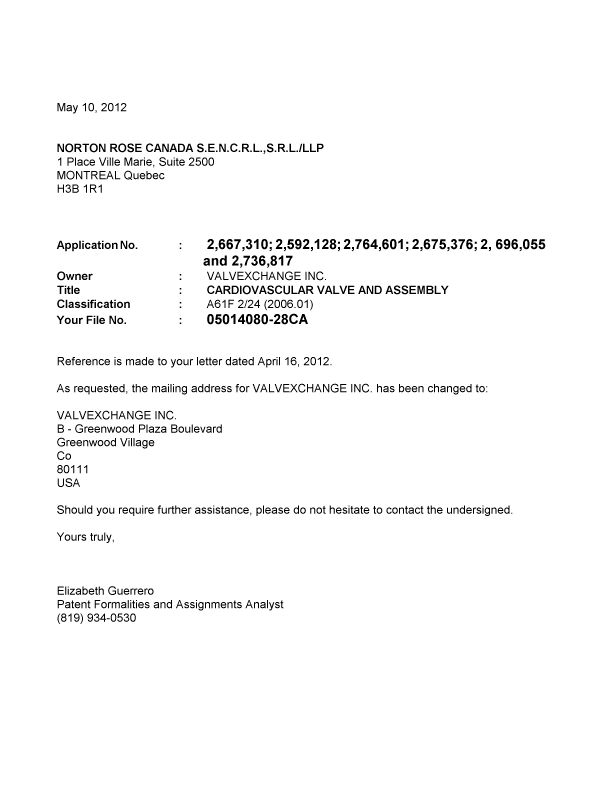 Document de brevet canadien 2736817. Correspondance 20120510. Image 1 de 1