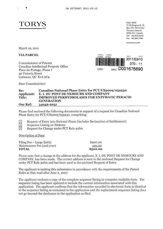 Canadian Patent Document 2736907. Assignment 20110310. Image 1 of 5