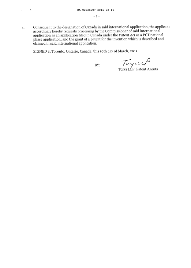 Document de brevet canadien 2736907. Cession 20110310. Image 5 de 5