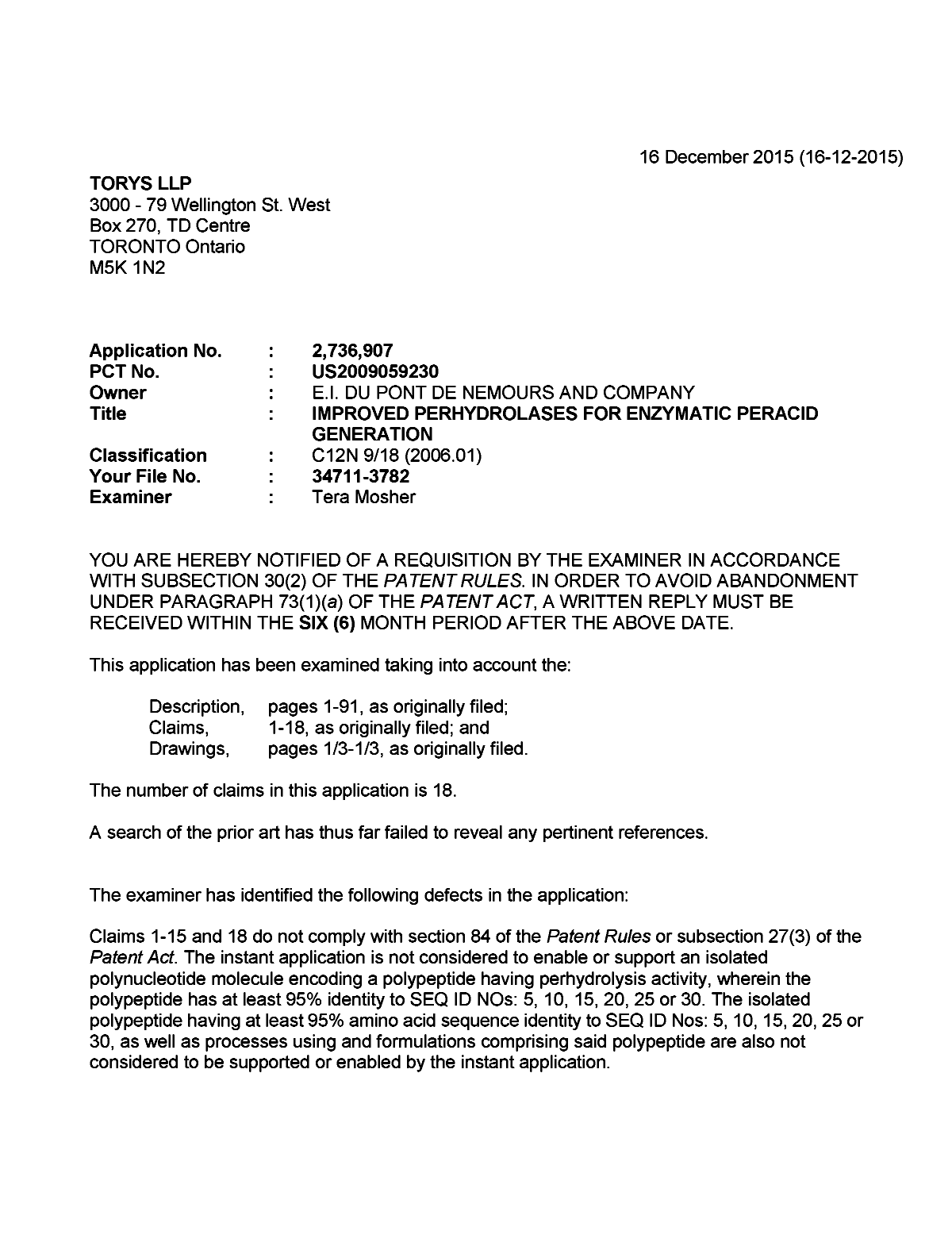 Document de brevet canadien 2736907. Demande d'examen 20151216. Image 1 de 5