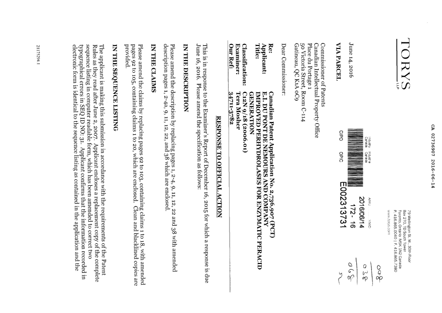 Document de brevet canadien 2736907. Listage de séquences - Nouvelle demande 20160614. Image 1 de 48