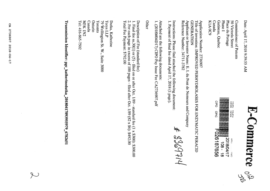 Document de brevet canadien 2736907. Taxe finale 20180417. Image 1 de 2