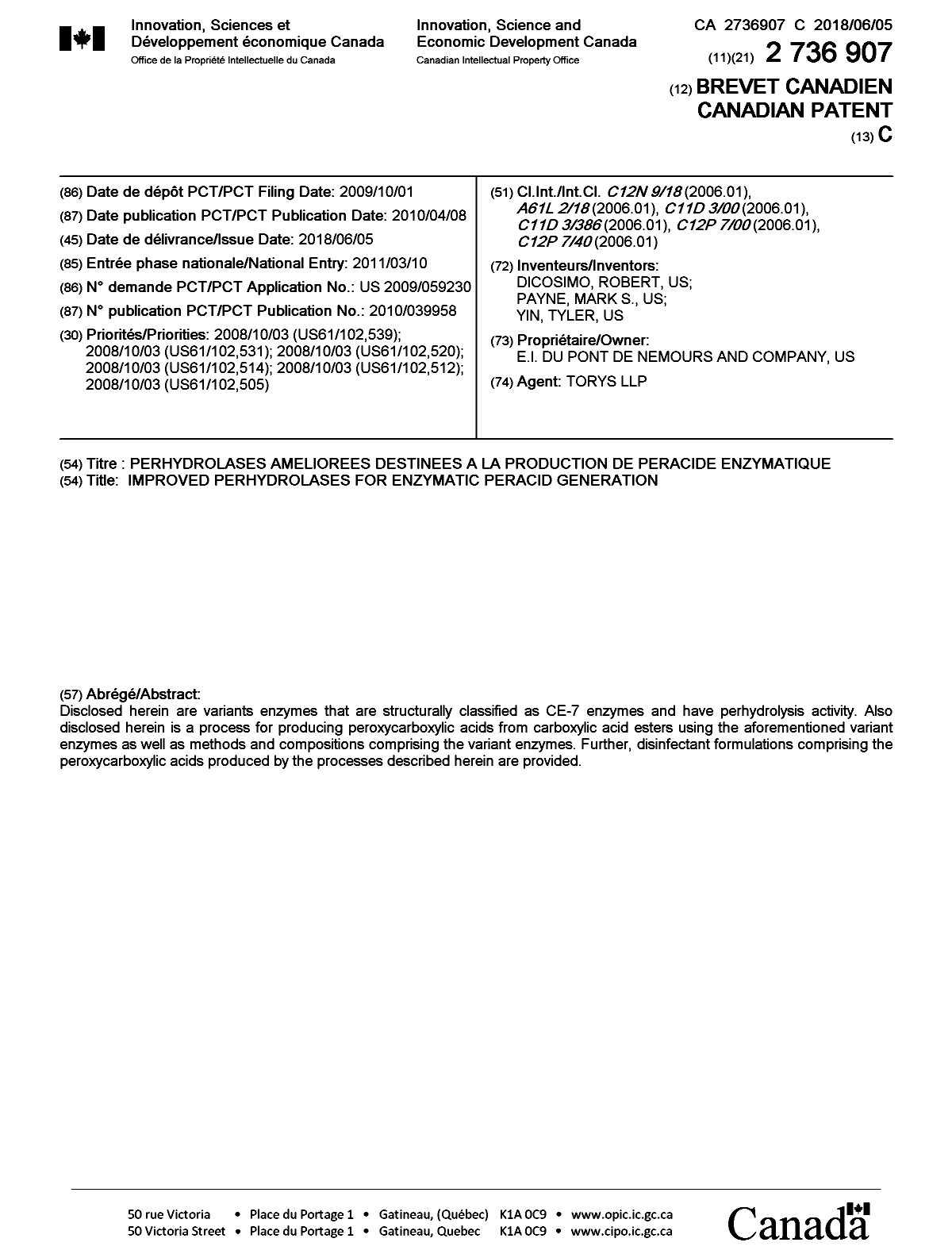 Document de brevet canadien 2736907. Page couverture 20180503. Image 1 de 1