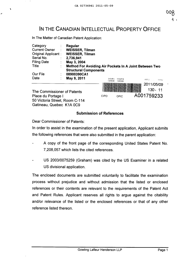 Canadian Patent Document 2736941. Prosecution-Amendment 20110509. Image 1 of 2