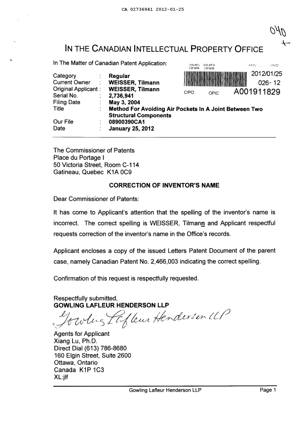 Canadian Patent Document 2736941. Correspondence 20120125. Image 1 of 3
