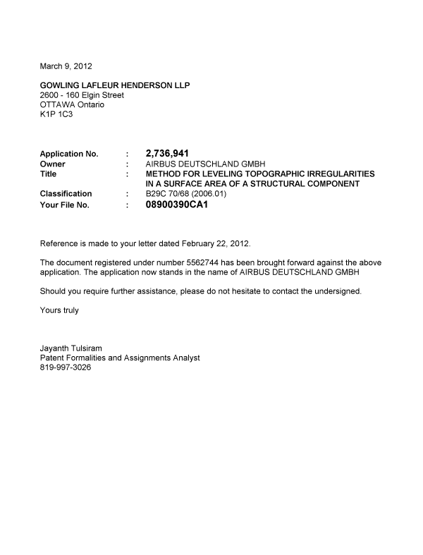 Canadian Patent Document 2736941. Correspondence 20120309. Image 1 of 1