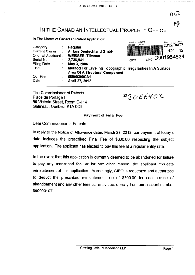 Canadian Patent Document 2736941. Correspondence 20120427. Image 1 of 2