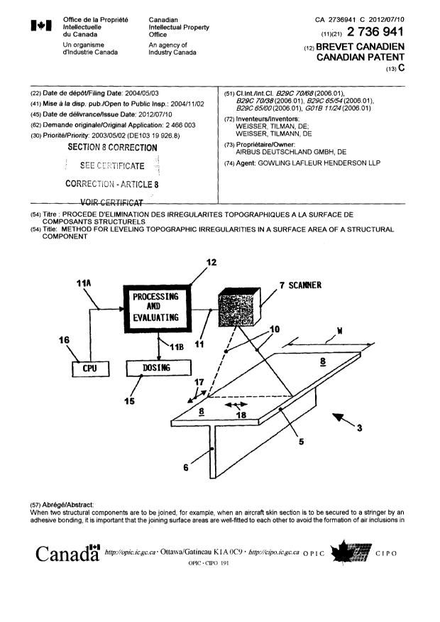 Canadian Patent Document 2736941. Cover Page 20120813. Image 1 of 3