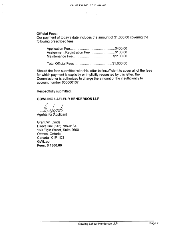 Document de brevet canadien 2736960. Cession 20110407. Image 2 de 3