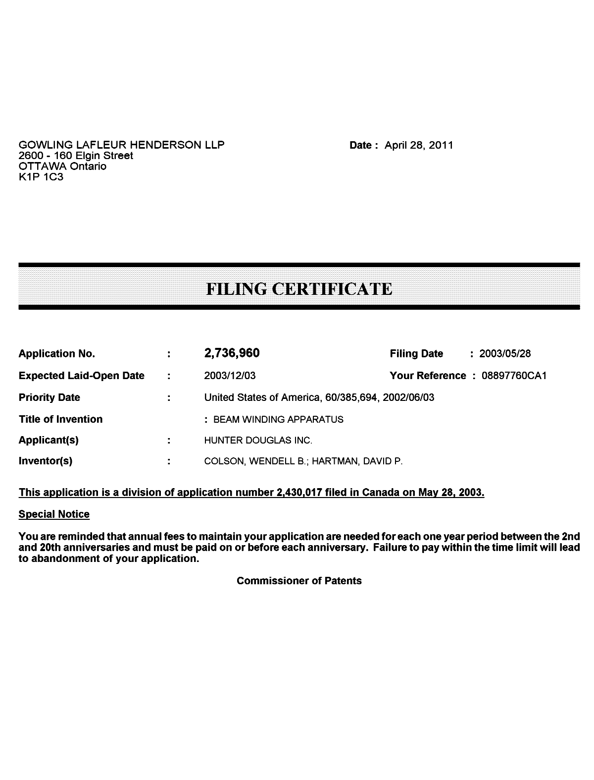 Document de brevet canadien 2736960. Correspondance 20110428. Image 1 de 1