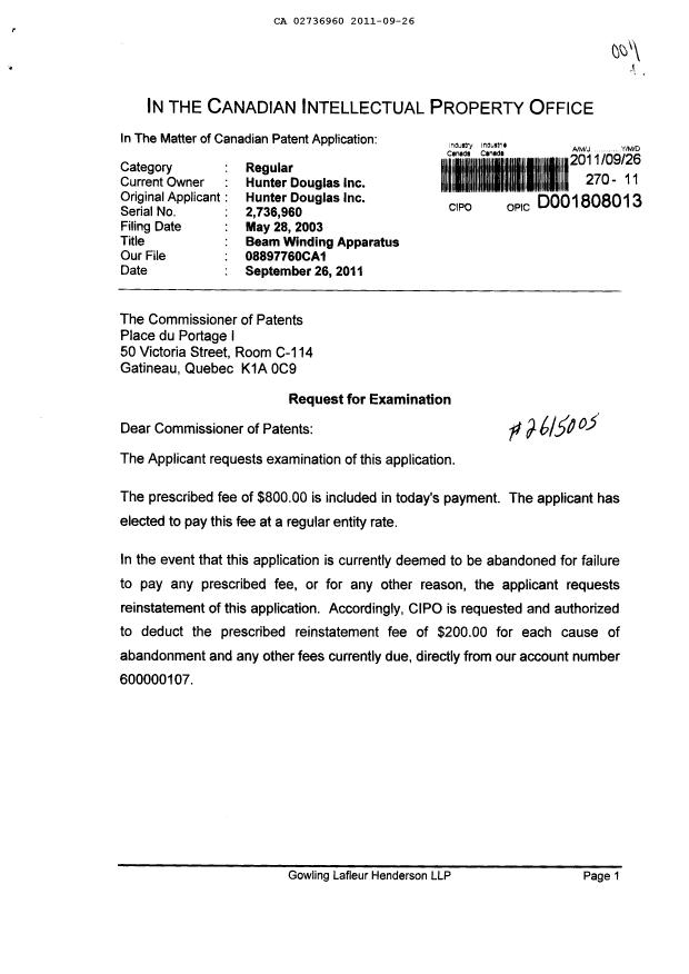 Canadian Patent Document 2736960. Prosecution-Amendment 20110926. Image 1 of 2