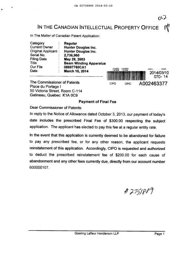 Canadian Patent Document 2736960. Correspondence 20140310. Image 1 of 2