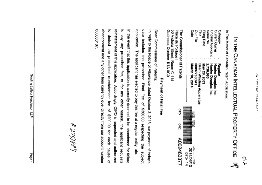 Document de brevet canadien 2736960. Correspondance 20140310. Image 1 de 2