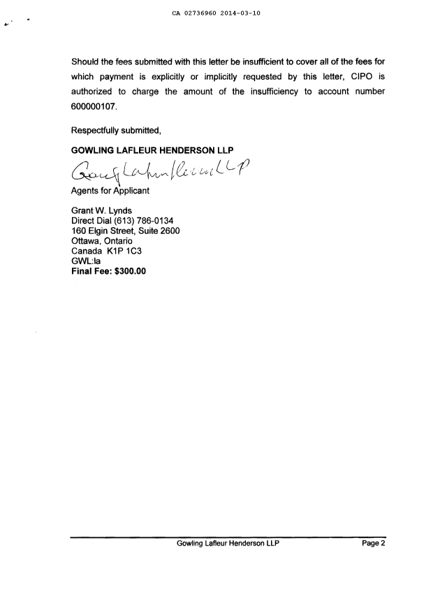 Document de brevet canadien 2736960. Correspondance 20140310. Image 2 de 2