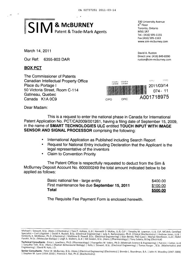 Document de brevet canadien 2737251. Cession 20110314. Image 1 de 4