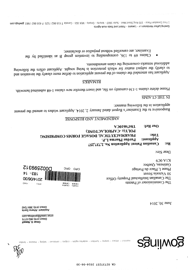 Document de brevet canadien 2737257. Poursuite-Amendment 20140630. Image 1 de 14