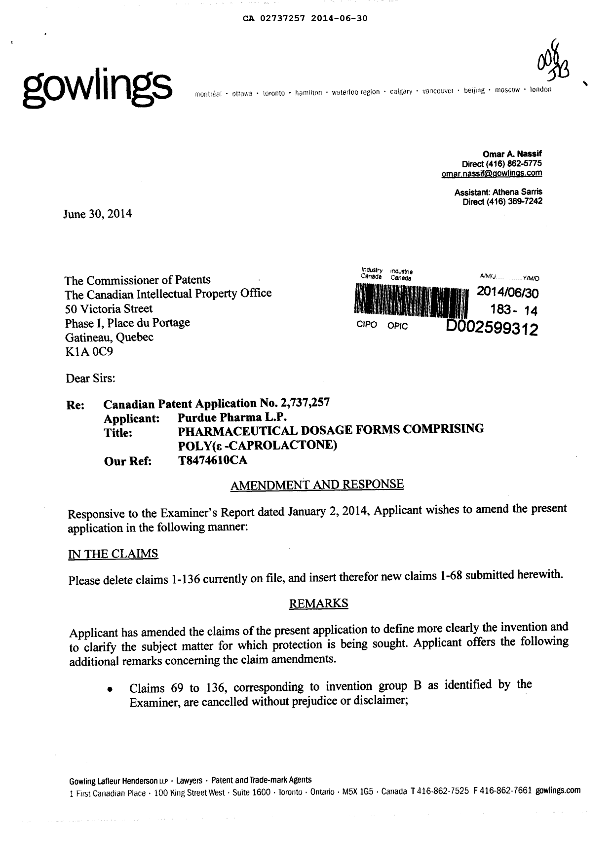 Canadian Patent Document 2737257. Prosecution-Amendment 20140630. Image 1 of 14