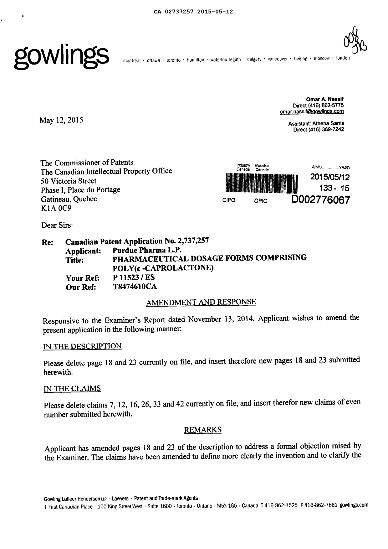 Document de brevet canadien 2737257. Poursuite-Amendment 20150512. Image 1 de 9