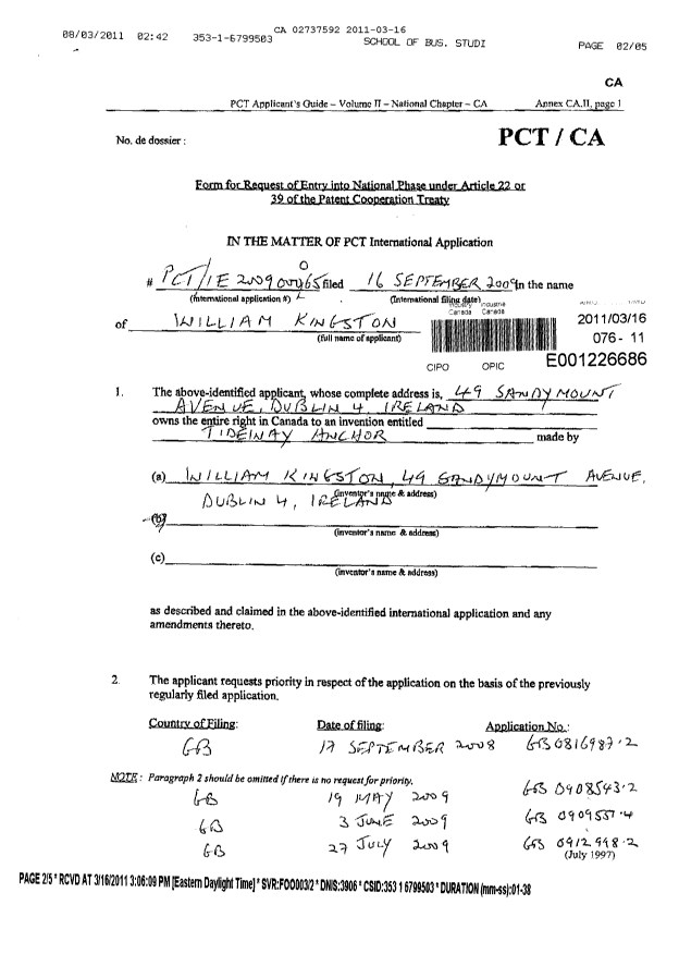 Document de brevet canadien 2737592. Cession 20110316. Image 2 de 3