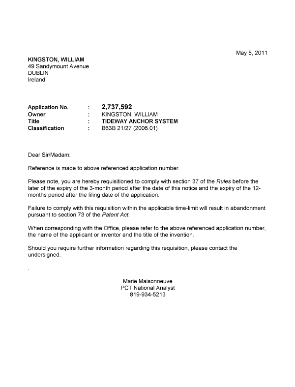 Document de brevet canadien 2737592. Correspondance 20110505. Image 1 de 1