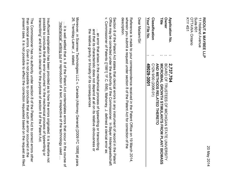 Canadian Patent Document 2737704. Correspondence 20131220. Image 1 of 2