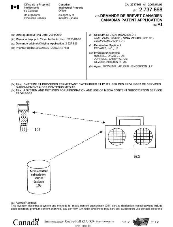 Document de brevet canadien 2737868. Page couverture 20110617. Image 1 de 2