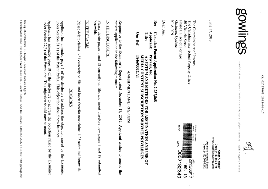 Document de brevet canadien 2737868. Poursuite-Amendment 20130617. Image 1 de 10