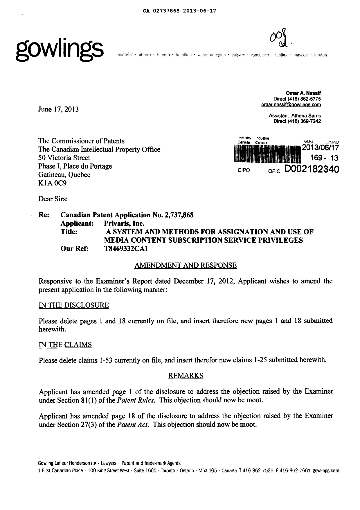Canadian Patent Document 2737868. Prosecution-Amendment 20130617. Image 1 of 10