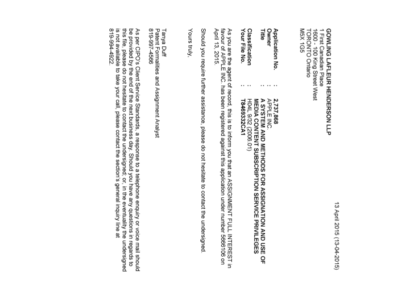 Document de brevet canadien 2737868. Correspondance 20150413. Image 1 de 1
