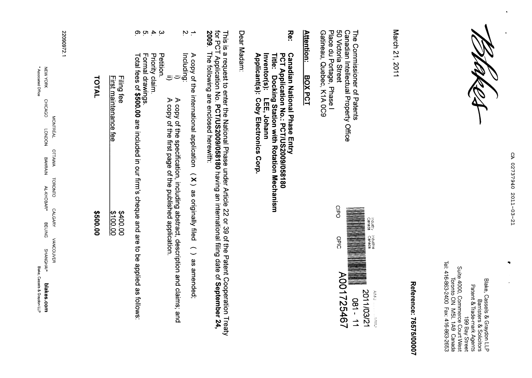 Canadian Patent Document 2737940. Assignment 20110321. Image 1 of 3