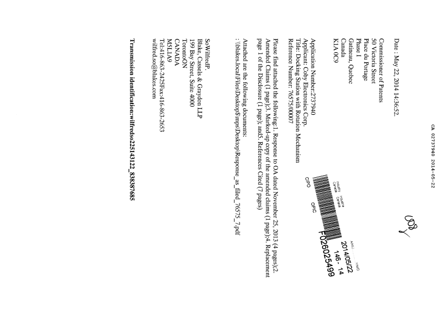 Document de brevet canadien 2737940. Poursuite-Amendment 20140522. Image 1 de 8