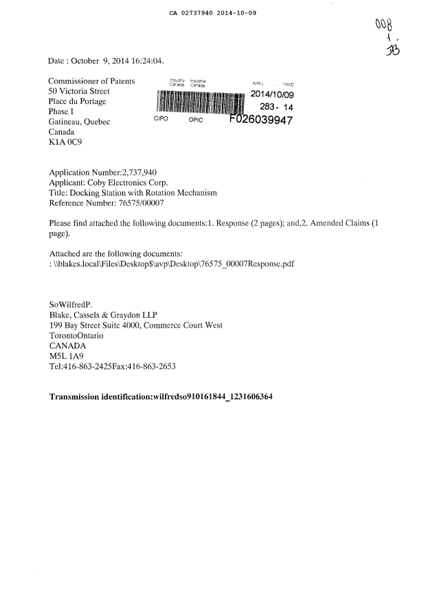Canadian Patent Document 2737940. Prosecution-Amendment 20141009. Image 1 of 4