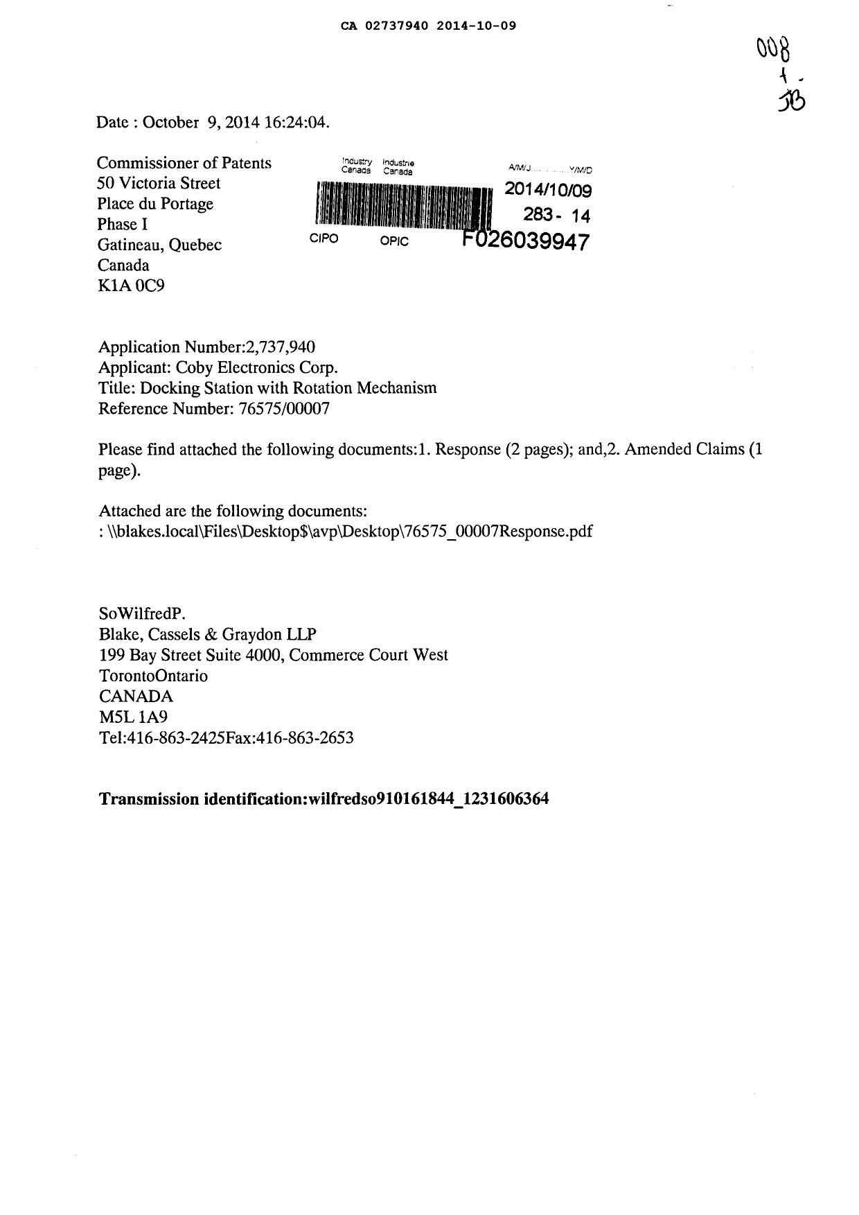 Document de brevet canadien 2737940. Poursuite-Amendment 20141009. Image 1 de 4