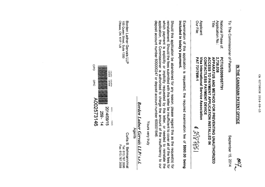 Document de brevet canadien 2738038. Poursuite-Amendment 20140915. Image 1 de 1