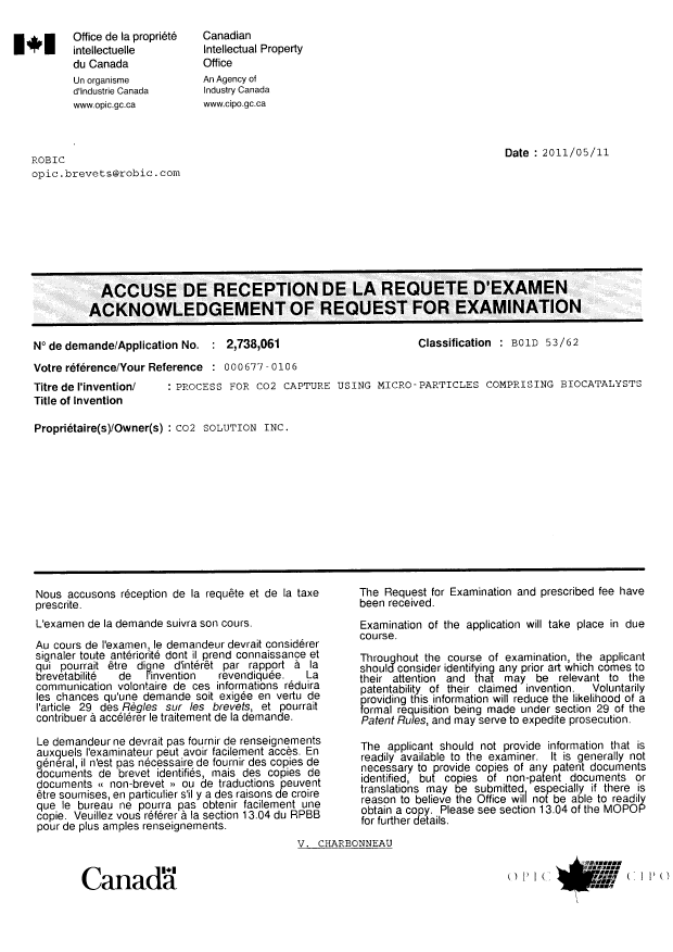 Document de brevet canadien 2738061. Correspondance 20110511. Image 1 de 1