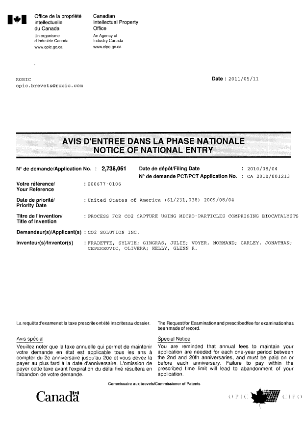 Document de brevet canadien 2738061. Correspondance 20110511. Image 1 de 1