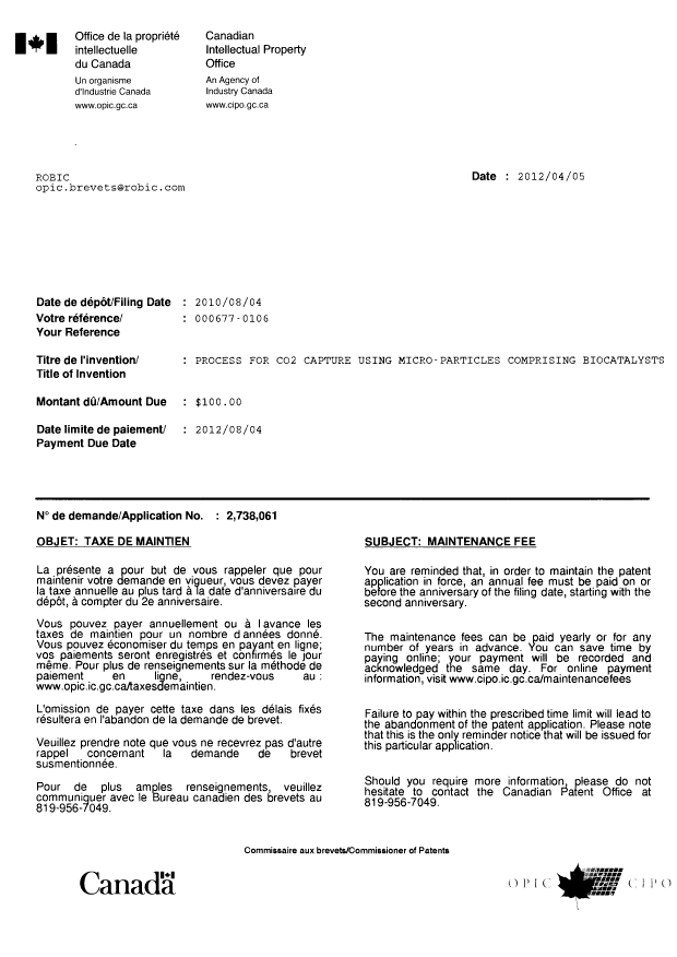 Document de brevet canadien 2738061. Correspondance 20120405. Image 1 de 1