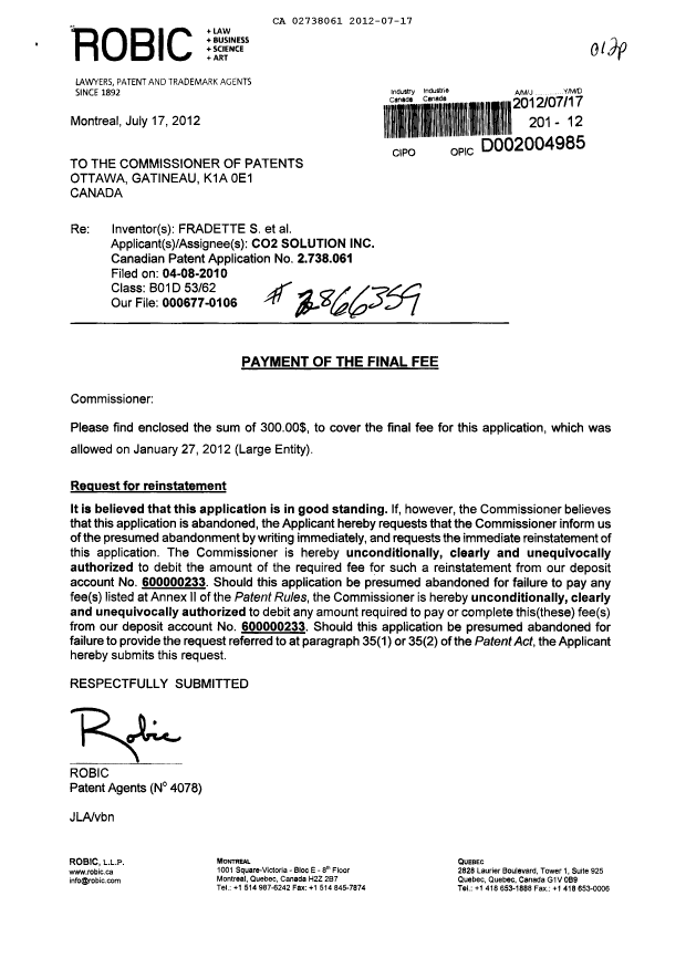 Document de brevet canadien 2738061. Correspondance 20120717. Image 1 de 2