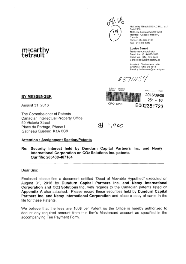 Document de brevet canadien 2738061. Cession 20151206. Image 1 de 11