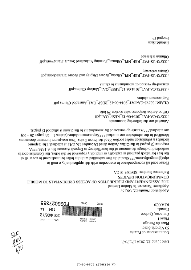 Document de brevet canadien 2738157. Correspondance 20140612. Image 1 de 15