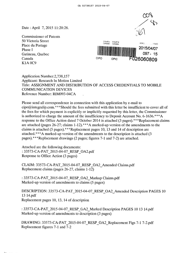 Canadian Patent Document 2738157. Prosecution-Amendment 20150407. Image 1 of 20