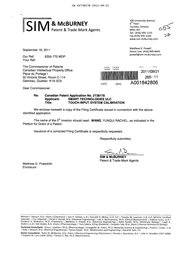 Canadian Patent Document 2738178. Correspondence 20110921. Image 1 of 2