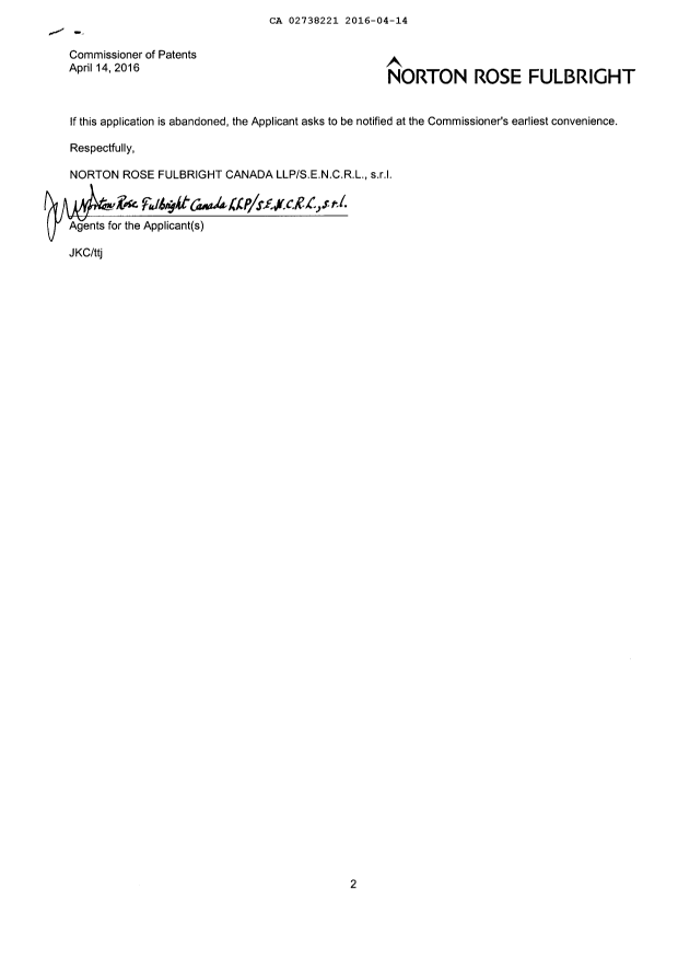 Document de brevet canadien 2738221. Requête d'examen 20160414. Image 2 de 2