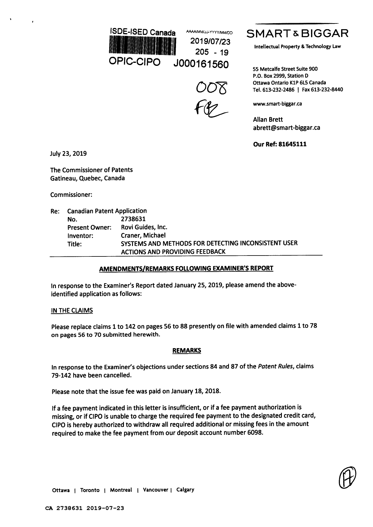 Document de brevet canadien 2738631. Modification 20190723. Image 1 de 17