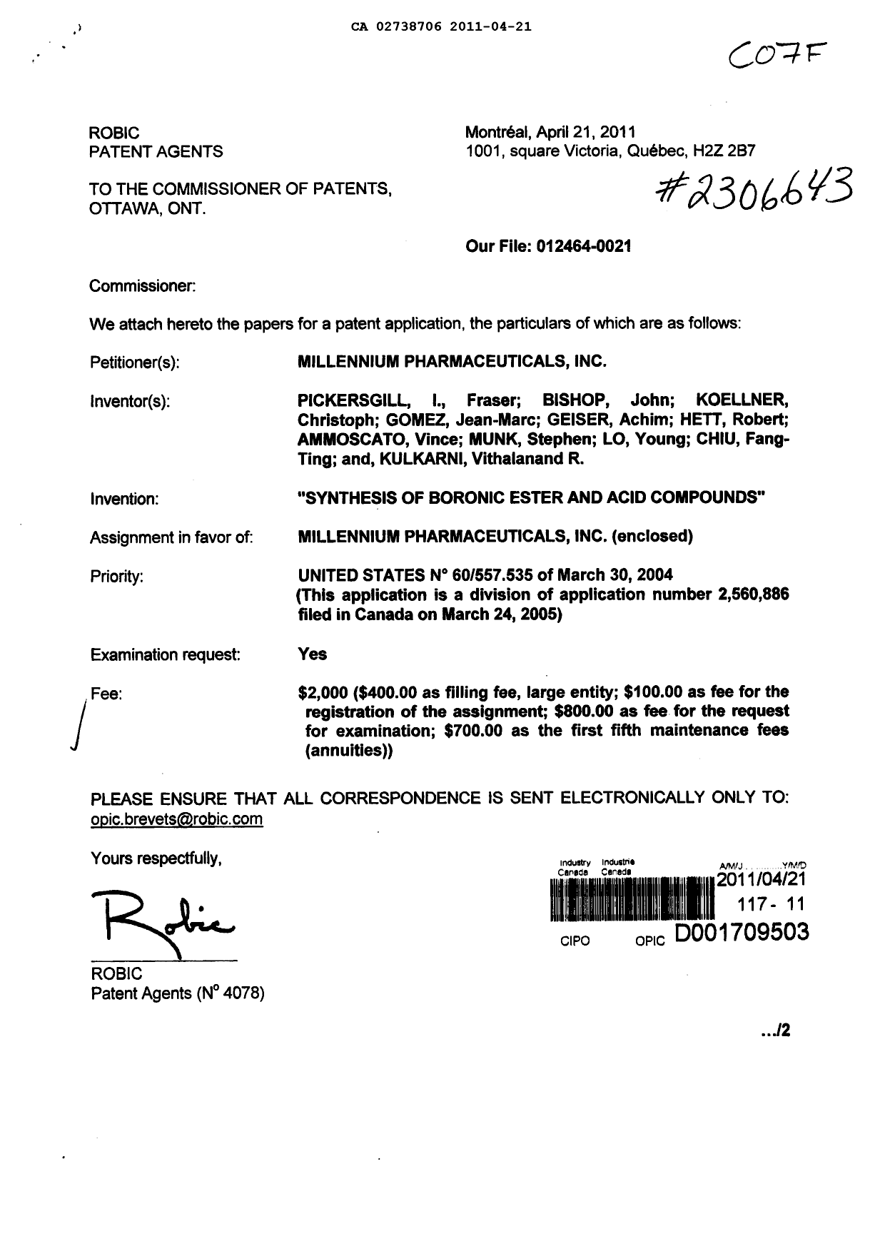 Document de brevet canadien 2738706. Cession 20110421. Image 1 de 100