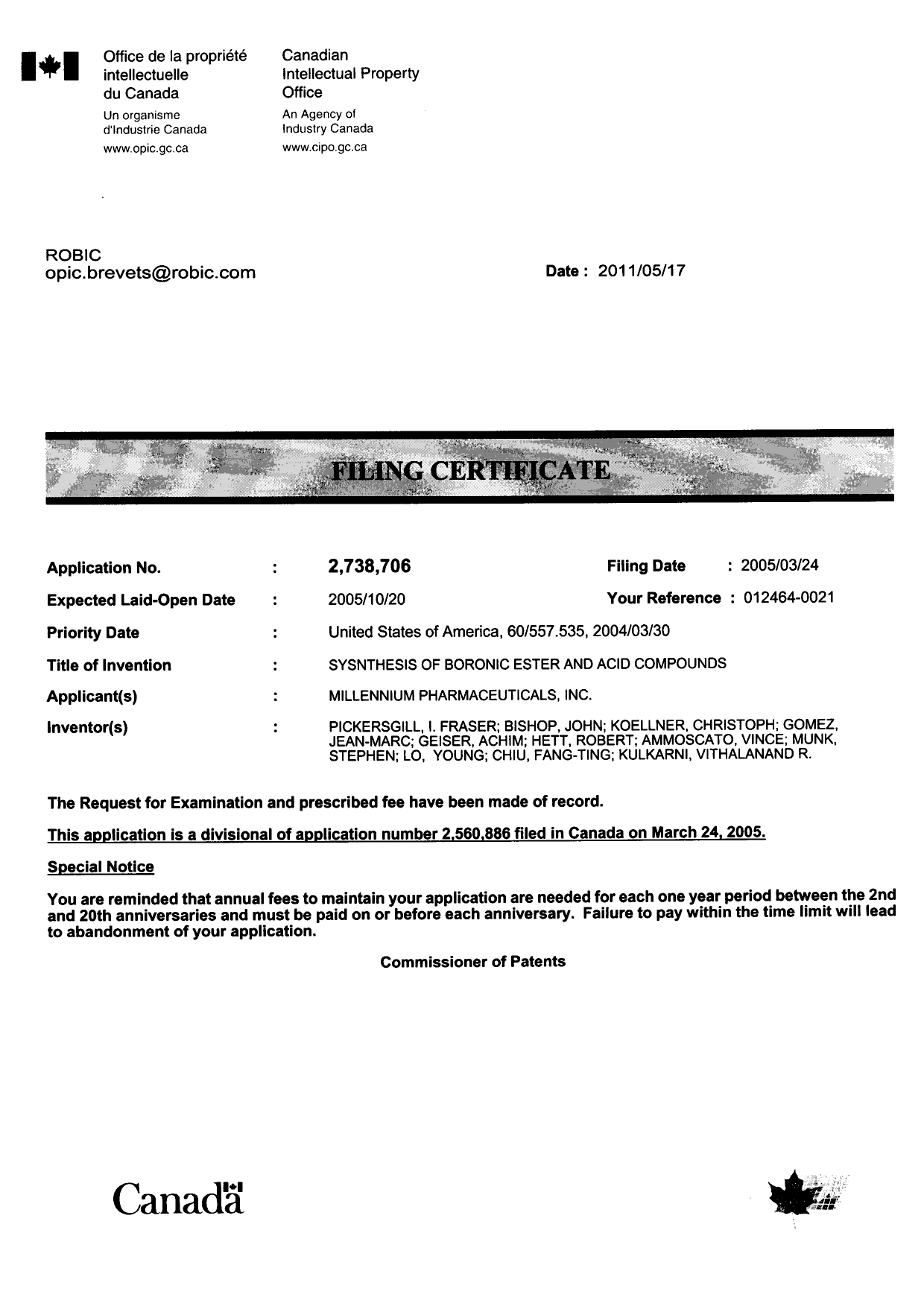 Document de brevet canadien 2738706. Correspondance 20110517. Image 1 de 1