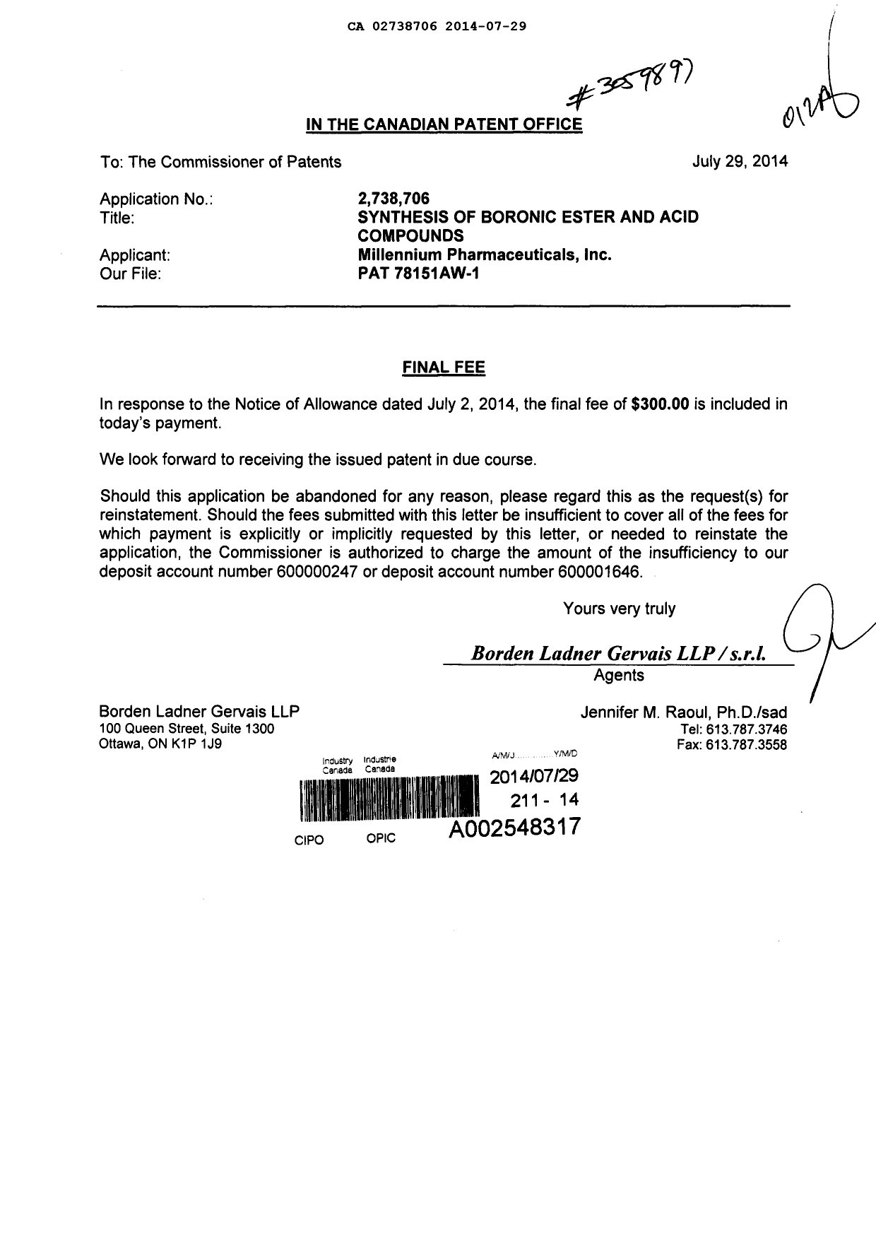 Document de brevet canadien 2738706. Correspondance 20140729. Image 1 de 1