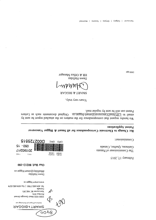 Canadian Patent Document 2739007. Correspondence 20150217. Image 1 of 4