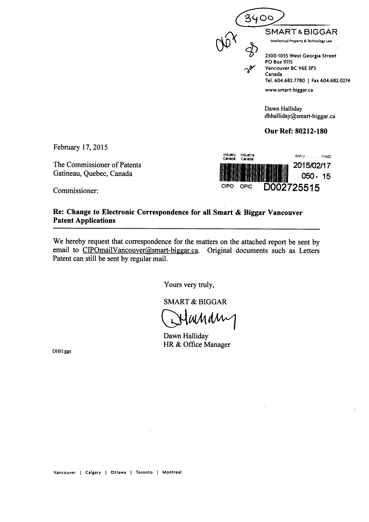 Document de brevet canadien 2739007. Correspondance 20150217. Image 1 de 4