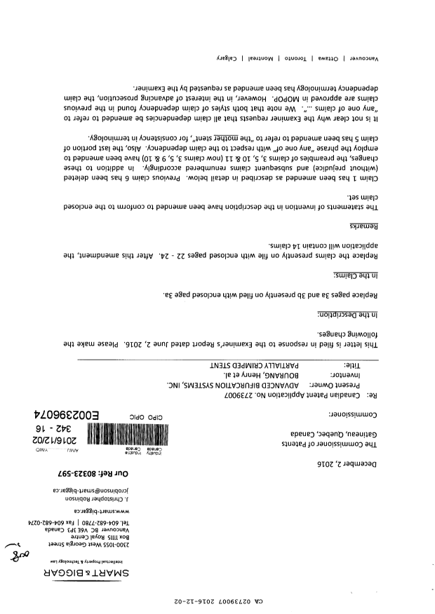Canadian Patent Document 2739007. Amendment 20161202. Image 1 of 8